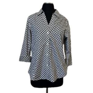 Foxcroft Geometric Chain Button Up Shirt Top No Iron Black White 3/4 Sleeve  M
